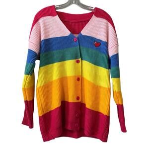 Whimsical Rainbow Women Size Measured Open Front Knit Cardigan Sweater Boring